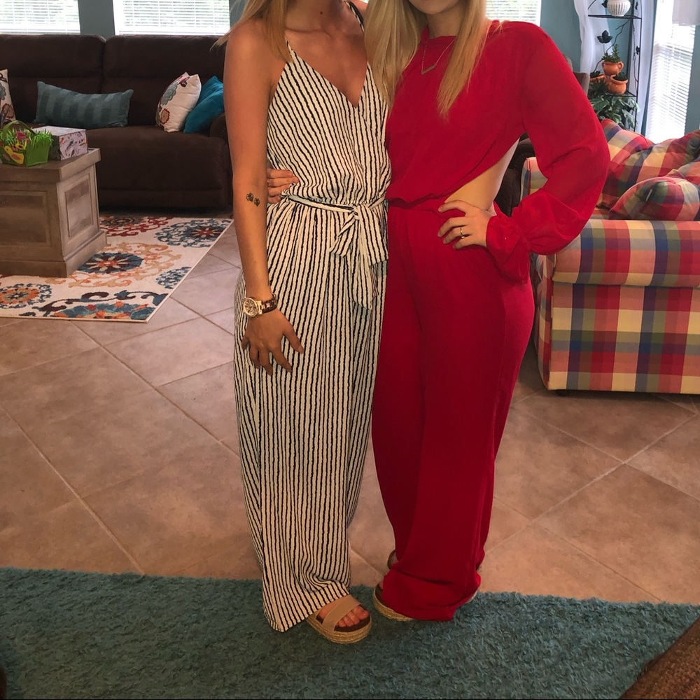 navy and white jumpsuit